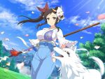  1girl animal animal_ears armor belt_pouch black_sclera blue_bow blue_hakama blue_sky blurry blush bow breasts brown_hair cleaver cloud colored_sclera day depth_of_field emblem falling_petals field forest frilled_kimono frills gessen_academy_uniform gloves green_eyes groin hair_ribbon hakama hannya holding holding_polearm holding_weapon japanese_armor japanese_clothes kimono kotarou_(senran_kagura) kote large_breasts leaf light_particles long_hair looking_at_viewer mask mask_on_head mountain mountainous_horizon muneate murakumo_(senran_kagura) nature official_alternate_costume official_art oni_mask outdoors petals petting polearm pouch red_tassel ribbon school_emblem senran_kagura senran_kagura_new_link senran_kagura_shinovi_versus side_ponytail side_slit sidelocks sky smile solo sparkle spear sunlight tail tassel tree waist_bow weapon white_gloves white_wolf wolf wolf_ears wolf_tail yaegashi_nan 