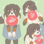  &lt;3 1:1 5_fingers anthro bent_over black_body black_fur black_nose blue_bottomwear blue_clothing blue_skirt bottomwear breasts brown_body brown_eyes brown_fur brown_hair canid canine canis clothed clothing digital_media_(artwork) domestic_dog ekaki510 female fingers frisbee frisbee_in_mouth fur green_background hair holding_frisbee holding_object kemono looking_at_viewer mammal object_in_mouth open_mouth question_mark shirt simple_background skirt smile smiling_at_viewer snaggle_tooth solo sparkles standing tail teeth topwear white_body white_clothing white_fur white_shirt white_topwear 