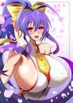  1girl antenna_hair backless_outfit bare_shoulders blazblue blue_hair blush bow breasts ha88hama hair_bow halterneck highres large_breasts long_hair mai_natsume petals pink_eyes sideboob sidelocks solo teeth upper_teeth_only very_long_hair yellow_bow 