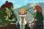  1girl 2boys beard blonde_hair blue_eyes breasts cleavage facial_hair forehead ganondorf gerudo highres jewelry link long_hair mountain multiple_boys muscular muscular_male paintbrush pointy_ears princess_zelda red_hair rehydrated_ganondorf sitting the_legend_of_zelda the_legend_of_zelda:_tears_of_the_kingdom tic-tac-toe tina_fate 