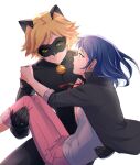  1boy 1girl adrien_agreste animal_ears black_bodysuit black_jacket black_mask blonde_hair blue_hair bodysuit carrying cat_boy cat_ears chat_noir earrings green_eyes hair_between_eyes highres jacket jewelry marinette_dupain-cheng mask miraculous_ladybug pants pink_pants shirt short_hair tomm0515 