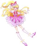  1girl :d asahina_mirai blonde_hair blush boots commentary_request cure_miracle dress earrings eyelashes fpminnie1 gloves hair_ornament hairband happy high_heel_boots high_heels high_side_ponytail highres jewelry long_hair looking_at_viewer magical_girl mahou_girls_precure! open_mouth pink_dress ponytail precure puffy_short_sleeves puffy_sleeves purple_eyes short_sleeves side_ponytail simple_background sketch smile solo white_background 