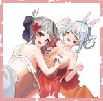  2girls animal_ears areola_slip ass_visible_through_thighs bandage_on_chest black_hair blush body_writing border breasts brooch closed_eyes collarbone commentary flower from_behind grey_hair hair_flower hair_ornament highres hololive japanese_clothes jewelry kimono large_breasts looking_at_viewer lovelyme lying medium_breasts multicolored_hair multiple_girls no_bra on_back open_clothes open_kimono open_mouth panties pink_border rabbit_ears red_eyes red_flower red_kimono sakamata_chloe sakamata_chloe_(2nd_costume) short_eyebrows short_hair smile streaked_hair thick_eyebrows underwear usada_pekora usada_pekora_(2nd_costume) virtual_youtuber white_background white_panties 