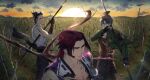  3boys absurdres bara cloud cloudy_sky commentary_request goggles goggles_on_head hand_on_own_face highres holding holding_polearm holding_weapon injury katana looking_at_viewer multiple_boys nihongou nihongou_(touken_ranbu) onota_(fkdx2243) otegine plain polearm sky spear sun sun_glare sunrise sword tonbokiri tonbokiri_(touken_ranbu) torn_clothes touken_ranbu weapon wind yari 