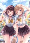  2girls ;d arm_up blue_eyes blue_sky blurry blurry_background bow breasts brown_eyes brown_hair brown_skirt cloud cloudy_sky collared_shirt commentary_request day depth_of_field dress_shirt flower grin holding hose light_brown_hair looking_at_viewer medium_breasts multiple_girls nemuri_nemu one_eye_closed original outdoors pleated_skirt school_uniform shirt short_sleeves skirt sky smile sunflower tied_shirt water white_shirt yellow_bow yellow_flower 