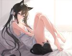  1girl animal animal_ears bare_arms bare_legs bare_shoulders barefoot bed_sheet between_legs black_cat black_hair breasts cat cat_ears chemise choker closed_mouth extra_ears feet frills from_side hair_ribbon hand_between_legs knees_up lkeris long_hair looking_at_viewer on_bed original pillow purple_eyes ribbon sitting sleeveless small_breasts solo spaghetti_strap thighs toes twintails very_long_hair white_choker 