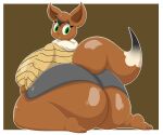  2023 absurd_res anthro big_breasts big_butt black_nose bloocherrypie border bottomwear breasts brown_background brown_body brown_ears brown_tail butt cel_shading clothing colored digital_media_(artwork) eevee emme_(reathe) eyelashes female generation_1_pokemon green_eyes grey_bottomwear grey_clothing grey_shorts hi_res huge_breasts huge_butt kneeling lips lipstick looking_at_viewer looking_back makeup neck_tuft nintendo nipple_outline pokemon pokemon_(species) rear_view shaded shorts simple_background slightly_chubby smile solo sweater tail tan_clothing tan_sweater tan_topwear thick_thighs tight_clothing topwear tuft white_border yellow_lips yellow_lipstick 