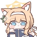  1girl :3 against_fourth_wall animal_ear_fluff animal_ears blue_archive blue_eyes cheek_press chibi cho_yang closed_mouth flower fox_ears fox_girl hair_flower hair_ornament halo headband jacket long_hair long_sleeves looking_at_viewer mari_(blue_archive) mari_(track)_(blue_archive) orange_hair simple_background sleeves_past_wrists smile solo track_jacket upper_body white_background white_flower 