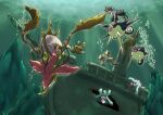  absurdres air_bubble black_eyes blue_eyes bubble colored_sclera dragalge highres hisuian_qwilfish mareanie no_humans pokemon pokemon_(creature) q-chan red_sclera scenery shipwreck skrelp swimming underwater 