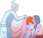  1boy 2girls aliya_mahvash blanket blue_hair blue_jumpsuit brown_shirt collarbone crying gundam gundam_suisei_no_majo hair_behind_ear hand_on_another&#039;s_head highres holding holding_blanket jumpsuit multiple_girls orange_hair ponytail shirt smile suiseikaro suletta_mercury thick_eyebrows till_nys white_background white_hair white_shirt 