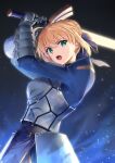  1girl absurdres ahoge armor armored_dress artoria_pendragon_(fate) blonde_hair blue_dress blue_ribbon braid breastplate commentary dress excalibur_(fate/stay_night) fate/stay_night fate_(series) french_braid gauntlets green_eyes hair_between_eyes hair_bun hair_ribbon highres holding holding_sword holding_weapon juliet_sleeves long_sleeves looking_at_viewer open_mouth plackart puffy_sleeves ribbon saber short_hair single_hair_bun solo sword teeth upper_teeth_only weapon yanagi_marie 