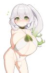  +_+ 1girl absurdres bikini blush breasts closed_mouth commentary_request genshin_impact gigantic_breasts gradient_hair green_eyes green_hair grey_hair highres kaedeno_yuu looking_at_viewer multicolored_hair nahida_(genshin_impact) oppai_loli pointy_ears side_ponytail simple_background solo standing swimsuit white_background white_bikini 
