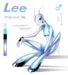  2022 anthro arthropod blue_eyes clothing fingerless_gloves gloves handwear hi_res horn insect latex latex_legwear latex_shorts latex_topwear lee_(rtootb) legwear male mantis model_sheet multicolored_clothing rtootb rubber rubber_clothing rubber_suit shaded simple_background solo white_body wings 