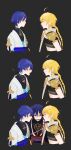  3boys ? aether_(genshin_impact) ahoge armor belt black_shirt blonde_hair blue_belt blue_bow blue_eyes blue_gemstone blue_hair blunt_ends bow braid closed_eyes covered_collarbone dual_persona earrings eyeshadow food gem genshin_impact gold_trim grey_background hair_between_eyes hair_ornament half-closed_eyes highres jewelry long_hair looking_at_another makeup male_focus mandarin_collar mitsudomoe_(shape) multiple_boys necklace no_headwear open_clothes open_mouth open_vest orange_eyes pocky purple_belt purple_eyes purple_hair red_eyeshadow scaramouche_(genshin_impact) scarf shirt short_sleeves shoulder_armor simple_background single_earring sleeveless sleeveless_shirt smile standing tassel teeth tomoe_(symbol) vest vision_(genshin_impact) wanderer_(genshin_impact) white_scarf white_vest xiayabaier yaoi 