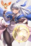  1girl bare_shoulders bird black_gloves black_pantyhose blue_cape blue_ribbon breasts cape commentary_request dress fingerless_gloves fire_emblem fire_emblem:_radiant_dawn gloves grey_background grey_dress grey_footwear grey_hair hair_ribbon hand_up long_hair long_sleeves magic micaiah_(fire_emblem) pantyhose ribbon scarf shoes simple_background sleeveless sleeveless_dress smile solo ten_(tenchan_man) thighs white_hair yellow_eyes yune_(fire_emblem) 