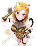  1girl animal_ears animal_print armband bare_shoulders breasts closed_mouth covered_collarbone cowboy_shot fingerless_gloves from_above fur_collar garter_straps giving_up_the_ghost gloves hair_intakes highres idolmaster idolmaster_million_live! idolmaster_million_live!_theater_days kemonomimi_mode leopard_ears leopard_print leopard_tail leotard light_blush lipstick_mark long_hair looking_at_viewer lying medium_breasts momose_rio o-ring orange_hair p-head_producer parted_bangs paw_pose producer_(idolmaster) red_eyes see-through_cleavage simple_background smile smirk tail unconscious victory victory_pose white_background yawaraka_mellow 
