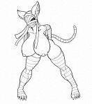  2023 animal_humanoid areola arm_wraps bent_over big_breasts breasts canid canid_humanoid canine canine_humanoid claws female fours_(artist) fur grin hand_on_butt head_wraps hi_res huge_breasts humanoid inner_ear_fluff jackal_humanoid leg_wraps line_art mammal mammal_humanoid n&#039;cathe nipples one_eye_obstructed pseudo_hair puffy_areola sharp_teeth simple_background smile solo tail tail_wraps teeth textured_background toe_claws tuft white_background wraps 