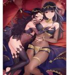  2girls ass black_hair black_nails black_thighhighs blunt_bangs bodysuit bracelet breasts bridal_gauntlets brown_bodysuit brown_eyes cleavage closed_mouth covered_navel facial_mark fire_emblem fire_emblem_awakening fire_emblem_fates from_above grabbing grabbing_another&#039;s_breast haru_(nakajou-28) height_difference jewelry large_breasts long_hair looking_at_viewer lying mouth_veil multiple_girls nail_polish nyx_(fire_emblem) on_back on_side pelvic_curtain small_breasts tharja_(fire_emblem) thighhighs thighlet tiara veil very_long_hair 
