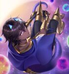  1boy arjuna_(fate) arjuna_alter_(fate) bishounen black_eyes black_hair blue_horns blue_tail dark-skinned_male dark_skin fate/grand_order fate_(series) gold_necklace hair_between_eyes highres horns indian_clothes jewelry kuraha1601 male_focus nail_polish necklace orb short_hair solo tail toenail_polish toenails 