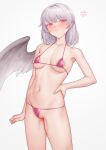  1girl angry areola_slip bikini blush breasts cleft_of_venus clenched_hand commentary cowboy_shot feathered_wings groin hand_on_own_hip highres kishin_sagume large_areolae looking_to_the_side medium_breasts micro_bikini ni_(221) pink_bikini pink_eyes short_hair simple_background single_wing skindentation solo string_bikini swimsuit thighs touhou white_background white_hair white_wings wings 