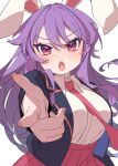  1girl absurdres animal_ears black_jacket blazer blush breasts collared_shirt e_sdss finger_gun fingernails hair_between_eyes highres jacket large_breasts long_hair looking_at_viewer necktie open_clothes open_jacket open_mouth pleated_skirt purple_hair rabbit_ears red_eyes red_necktie red_skirt reisen_udongein_inaba shirt simple_background skirt solo touhou upper_body white_background white_shirt 
