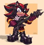  1boy absurdres animal_ear_piercing artist_name black_footwear black_gloves boots brown_gloves electric_guitar eyebrow_piercing full_body furry furry_male gloves guitar highres holding holding_guitar holding_instrument instrument lemon_eyebrows lip_piercing looking_at_viewer piercing red_eyes shadow shadow_the_hedgehog simple_background solo sonic_(series) spiked_boots two-tone_gloves 