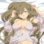  1girl bare_shoulders bed_sheet blue_eyes blush breasts brown_hair cleavage clothing_cutout collarbone curly_hair dress hair_between_eyes hands_up large_breasts light_blush long_hair looking_at_viewer lying midriff nightgown on_back panties parted_lips pochi-a pov side-tie_panties sidelocks solo spaghetti_strap stomach_cutout tales_of_(series) tales_of_the_abyss tear_grants underwear upper_body white_dress 