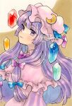  2zuz4hru blue_bow bow crescent crescent_hat_ornament crystal dress frilled_hat frilled_shirt_collar frills hair_bow hat hat_ornament hat_ribbon long_hair looking_at_viewer marker_(medium) patchouli_knowledge purple_bow purple_eyes purple_hair ribbon striped striped_dress touhou traditional_media yellow_background 