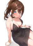  1girl absurdres arm_strap arm_support b1ack_illust bangle black_choker black_dress blue_eyes blush bracelet breasts brown_hair choker closed_mouth collarbone commentary_request dot_nose dress from_above hair_between_eyes highres idolmaster idolmaster_million_live! jewelry large_breasts long_hair looking_at_viewer pendant_choker ponytail satake_minako simple_background sitting sleeveless sleeveless_dress smile solo white_background 