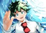  1boy afloat blazer bloom blurry blurry_foreground boku_no_hero_academia bright_pupils collared_shirt commentary_request depth_of_field double_horizontal_stripe dutch_angle freckles green_eyes green_hair grey_jacket hand_up happy jacket keta_(peeepeenope) lapels light long_sleeves looking_at_viewer male_focus midoriya_izuku necktie notched_lapels off_shoulder open_clothes open_hand open_jacket open_mouth outstretched_arm outstretched_hand partial_commentary partially_submerged reaching_towards_viewer red_necktie ripples school_uniform shirt short_hair smile solo straight-on teeth u.a._school_uniform upper_body upper_teeth_only water wet wet_clothes white_pupils white_shirt wing_collar 