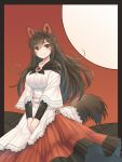  1girl animal_ears blush breasts brooch brown_hair closed_mouth collarbone dress hair_between_eyes hanafuda highres imaizumi_kagerou jewelry large_breasts long_hair long_sleeves red_dress red_eyes smile solo tail touhou white_dress wolf_ears wolf_tail yudepii 