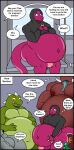  absurd_res ambiguous_fluids anthro bellies_touching belly big_butt bodily_fluids butt clothing comic dialogue dinosaur erection fangs genital_fluids genitals group hi_res hoodie humor male male/male muscular muscular_male navel nipples nude oral_vore pecs penis precum pregnant pregnant_male reptile rub_lug scalie shy size_difference speech_bubble teeth text topwear vore 
