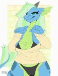  animated anthro big_breasts blue_body blue_scales bouncing_breasts bovid_horn bra breasts campfire_(buttocher) caprine_horn clothed clothing cocoline_(artist) dragon fangs female female_anthro green_body green_eyes green_hair hair hi_res horn long_hair looking_at_viewer multicolored_body multicolored_hair non-mammal_breasts panties reptile scales scalie smile solo sweater sweater_dress tail teeth topwear two_tone_body underwear 