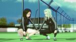  2girls adidas air_conditioner black_hair black_shorts breasts clara_(girls_und_panzer) dongk0319 fence girls_und_panzer grey_eyes highres jacket koikatsu_(medium) large_breasts long_hair looking_at_viewer medium_breasts multiple_girls nonna_(girls_und_panzer) pants shadow shorts sky slav_squatting slippers socks squatting track_jacket track_pants track_suit white_hair 