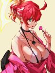  1girl ahoge alternate_hairstyle breasts candy cleavage compass_rose_halo food green_eyes guilty_gear guilty_gear_strive hair_bun halo highres holding holding_candy holding_food holding_lollipop jack-o&#039;_valentine large_breasts lollipop long_hair looking_at_viewer multicolored_hair red_hair single_hair_bun smile solo two-tone_hair ura_dora white_hair 