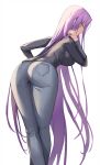  1girl absurdres ass black_shirt blue_pants breasts fate/grand_order fate/stay_night fate_(series) feet_out_of_frame from_behind highres kuza_brs large_breasts leaning_forward long_hair long_sleeves looking_at_viewer looking_back medusa_(fate) medusa_(rider)_(fate) pants purple_eyes purple_hair shirt simple_background solo very_long_hair white_background 