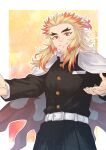  1boy blonde_hair cape closed_mouth demon_slayer_uniform forked_eyebrows highres japanese_clothes kimetsu_no_yaiba long_hair long_sleeves male_focus multicolored_hair orange_eyes red_hair remsor076 rengoku_kyoujurou smile solo two-tone_hair 