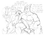  anthro anthro_on_anthro ball_size_difference balls barbel_(anatomy) big_balls big_penis cock_and_ball_torture dragon duo eastern_dragon english_text erection flesh_whiskers genital_torture genitals glans horn huge_penis humanoid_genitalia humanoid_penis male male/male monochrome muscular muscular_anthro muscular_male penis penis_size_difference poppin smile tail text zan_(poppin) 