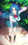  1girl absurdres black_socks blue_hair breasts brown_eyes chidori_kaname closed_mouth full_body full_metal_panic! highres jindai_high_school_uniform leaning_forward long_hair long_legs looking_at_viewer low-tied_long_hair outdoors sakotach school_uniform shadow sidewalk smile socks 