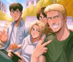  1girl 3boys ahoge annie_leonhardt artist_name bench bertolt_hoover blonde_hair blue_eyes breasts brown_eyes brown_hair building cellphone chalseu commentary english_commentary eren_yeager food fruit green_shirt grin highres holding holding_food holding_fruit holding_phone hood hooded_sweater hoodie mandarin_orange medium_breasts multiple_boys open_clothes open_shirt phone reiner_braun shared_blanket shingeki_no_kyojin shirt signature sitting smartphone smile sweater t-shirt tree v white_hoodie white_shirt 