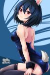  1girl animal_ears artist_name backless_outfit black_thighhighs blue_hair blue_leotard bob_cut brave_witches closed_mouth commentary_request from_side halterneck haruhata_mutsuki leotard light_blush looking_at_viewer looking_back playboy_bunny purple_eyes rabbit_ears rabbit_girl rabbit_tail revision shimohara_sadako short_hair signature sitting skindentation smile solo strapless strapless_leotard tail thighhighs twitter_username wariza world_witches_series wrist_cuffs 