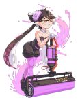  1girl black_dress black_footwear boots callie_(splatoon) carbon_roller_(splatoon) dress earrings highres jewelry leaning_forward long_hair paint_roller pantyhose pink_pantyhose revvie simple_background smile solo splatoon_(series) splatoon_1 teeth tentacle_hair white_background yellow_eyes 