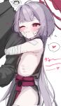  1girl arm_hug arona&#039;s_sensei_doodle_(blue_archive) bandaged_arm bandages bare_shoulders blue_archive blush flat_chest gauze_on_cheek gauze_on_face grey_hair grey_sleeves halo heart highres japanese_clothes koitsuga_suki long_hair one_eye_closed red_eyes red_halo ribs sash sensei_(blue_archive) shuro_(blue_archive) sideless_dress simple_background smile spoken_heart white_background 