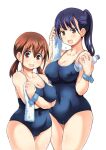  2girls arms_under_breasts bare_shoulders blue_hair blue_one-piece_swimsuit blue_wristband blush boku_no_kokoro_no_yabai_yatsu bottle breasts brown_eyes brown_hair cameltoe cleavage collarbone competition_school_swimsuit covered_navel cowboy_shot crossed_arms dark_blue_hair hagiya_masakage hara_honoka high_ponytail highres holding holding_bottle holding_towel long_hair mole mole_on_neck multiple_girls multiple_moles one-piece_swimsuit open_mouth plump sagging_breasts school_swimsuit simple_background swimsuit thighs towel twintails white_background yamada_anna 