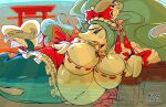  anthro belly big_belly big_breasts blue_eyes blue_hair blush blush_lines breasts cleavage clothed clothing female garuda_six generation_7_pokemon hair huge_breasts legless lying navel nintendo on_side open_mouth partially_submerged pokemon pokemon_(species) pregnant primarina shrine_maiden solo sunset tail text water white_body 