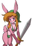  anthro bikini blonde_hair blue_eyes blush bodily_fluids bulge clothing countershading fur goldsden green_bikini green_clothing green_swimwear hair hat headgear headwear holding_object holding_weapon is_(artist) lagomorph leporid link link_(rabbit_form) male mammal melee_weapon nintendo pink_body pink_fur rabbit raised_finger raised_pinky simple_background solo sweat swimwear sword tail the_legend_of_zelda weapon white_background 