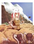  1girl :t armor bear_hat blue_sky breastplate brown_cape cape chainmail chief_(skiwa) closed_mouth cloud commentary copyright_name cowboy_shot cross day eating english_commentary expressionless fish_(food) floating_island gauntlets goat goat_(ragnarok_online) green_eyes knight_(ragnarok_online) long_hair looking_afar medium_bangs outdoors parted_bangs pauldrons pink_hair ragnarok_online shoulder_armor sky white_headwear 