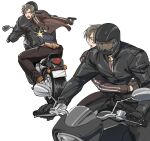  2boys biker_clothes bikesuit black_jacket black_pants black_shirt bodysuit brown_hair brown_jacket brown_pants curtained_hair firing gun helmet holding holding_gun holding_weapon jack_krauser jacket leon_s._kennedy male_focus motor_vehicle motorcycle motorcycle_helmet multiple_boys open_clothes open_jacket open_mouth pants resident_evil resident_evil_4 shirt short_hair simple_background tatsumi_(psmhbpiuczn) weapon white_background 