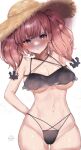  1girl absurdres atlanta_(kancolle) bare_arms bare_legs bare_shoulders bikini black_bikini blush breasts brown_hair brown_headwear cowboy_shot grey_eyes hair_between_eyes hat highres kantai_collection large_breasts long_hair navel one-hour_drawing_challenge parted_lips qqqmei solo straw_hat swimsuit twitter_username two_side_up 