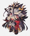  1boy bara black_hair black_necktie blush_stickers chibi commentary dragon_boy dragon_ears dragon_horns dragon_tail earrings fang film_grain fishing_hook_earrings full_body furry furry_male fuxi_(housamo) gomoku_(gomoku418) grey_background hand_to_own_mouth hand_up holding horns jacket jewelry long_hair male_focus multiple_horns necktie pink_eyes red_jacket solo standing tail talisman thick_eyebrows tokyo_afterschool_summoners 